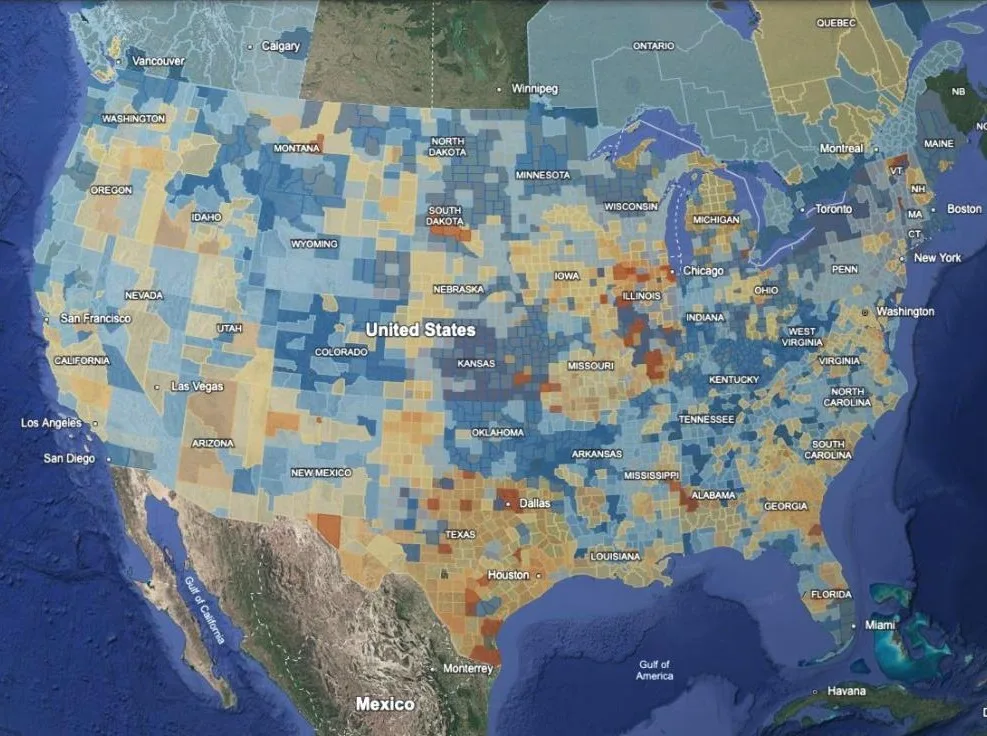 The lower 48 with Property Tax and Well Depth on: a patchwork of blue and orange counties.