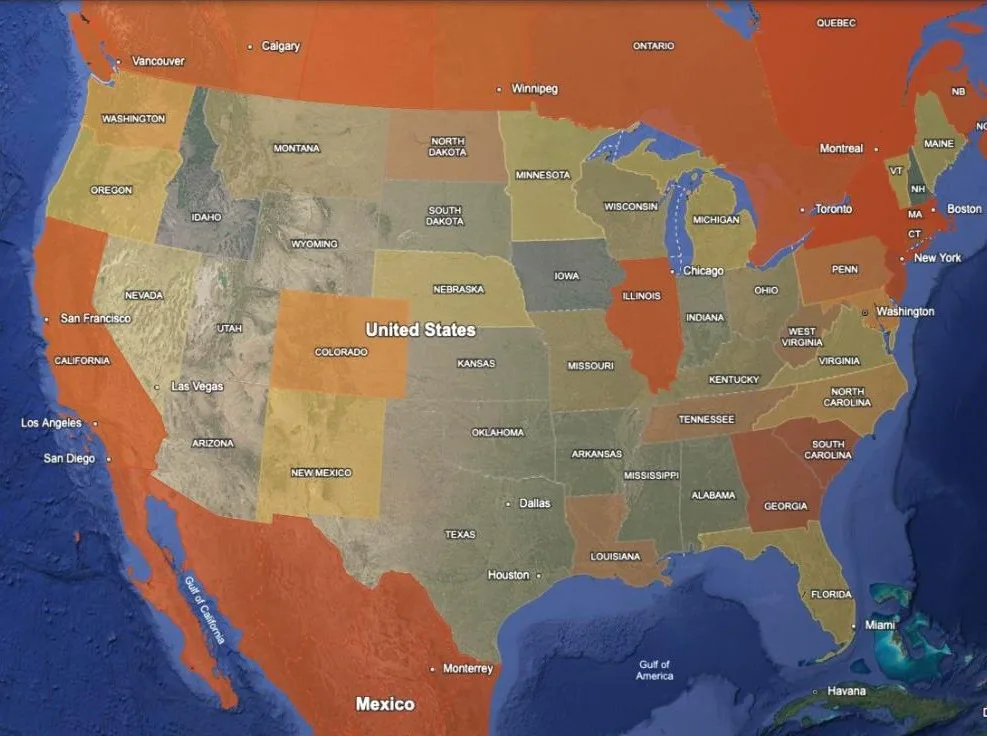 North America with the gun-law and homeschool-law state screens on together, each state and province shaded by its score.