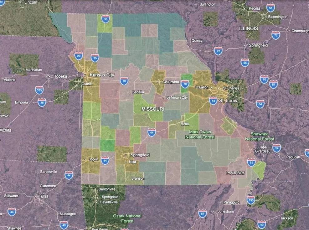Missouri with the Building Codes "Not Resistant" band in purple over the Missouri State Screen.