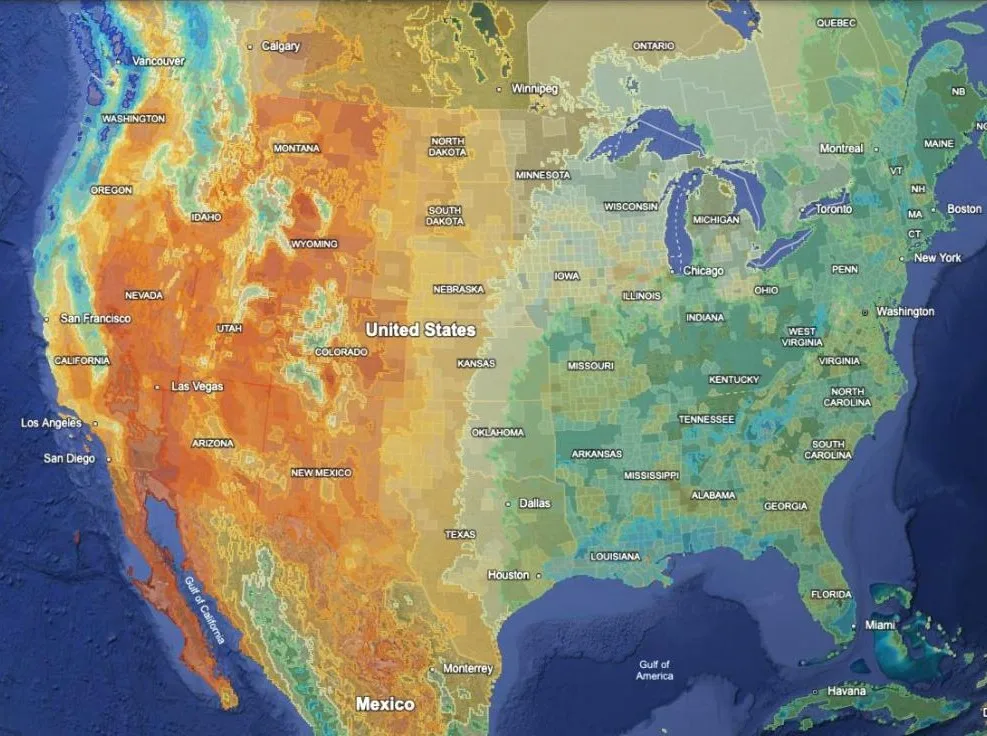 North America with Annual Rainfall on top: dry orange across the West, wetter green and blue toward the East.