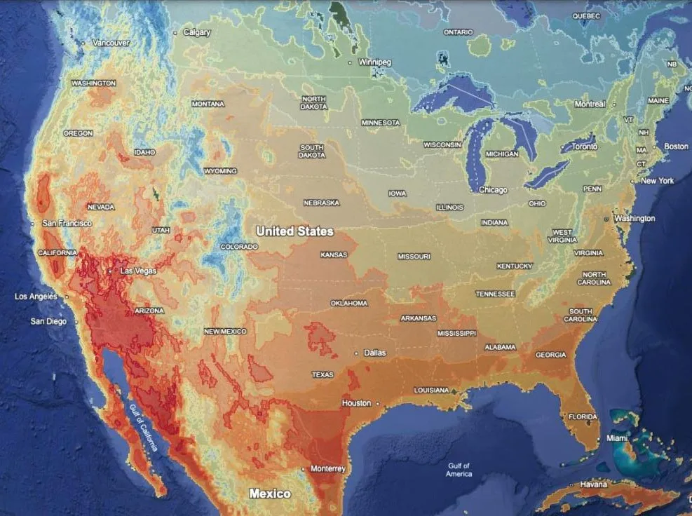 North America with the summer-high temperature layer drawn on top: red across the desert South-West, cooler yellow and green to the north.