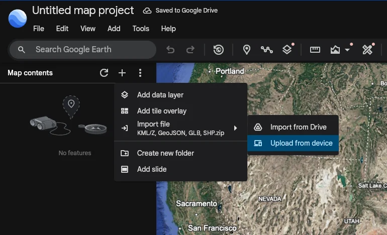 Inside a project: the + menu in Map contents, with Import file expanded to show Import from Drive and Upload from device.