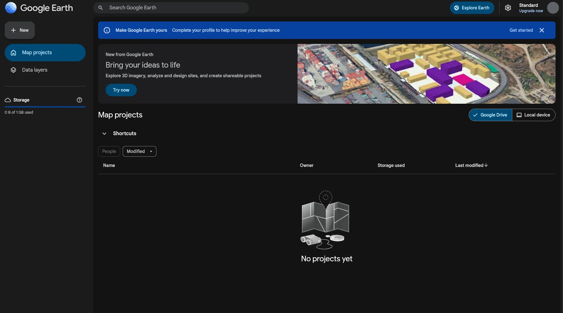 Google Earth on the web, signed in for the first time: the Map projects list is empty and the New button sits top left.