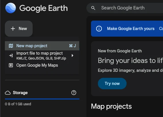 The New menu: New map project, Import file to map project (KML/Z, GeoJSON, GLB, SHP.zip), and Open Google My Maps.