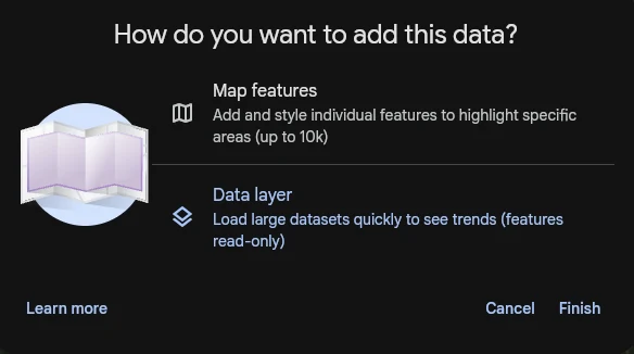 The import dialog with Data layer selected instead of Map features.