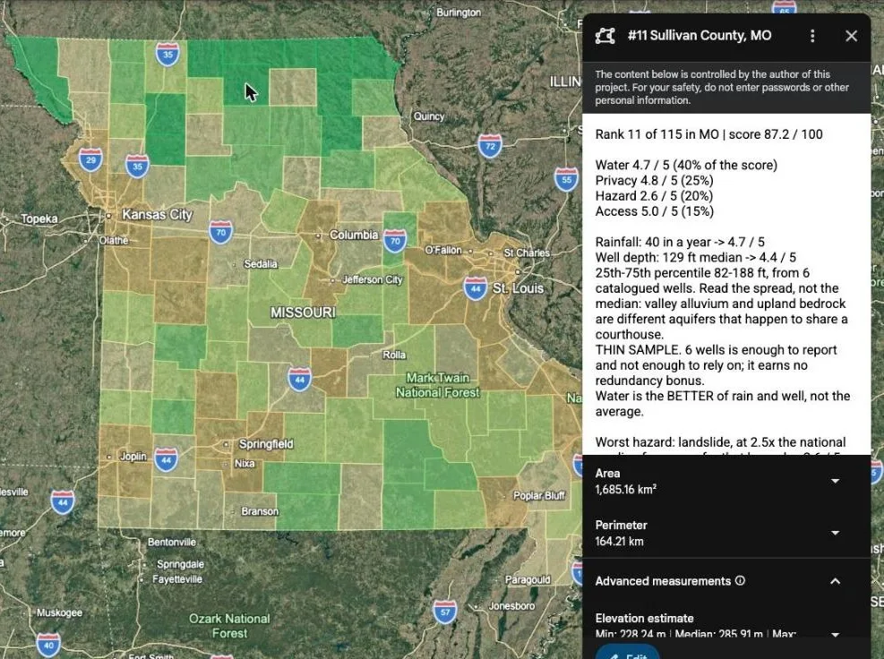 A county’s balloon open beside the Missouri State Screen: Sullivan County, rank 11 of 115 in Missouri, score 87.2, with its water, privacy, hazard and access sub-scores and the rainfall and well-depth numbers behind them.