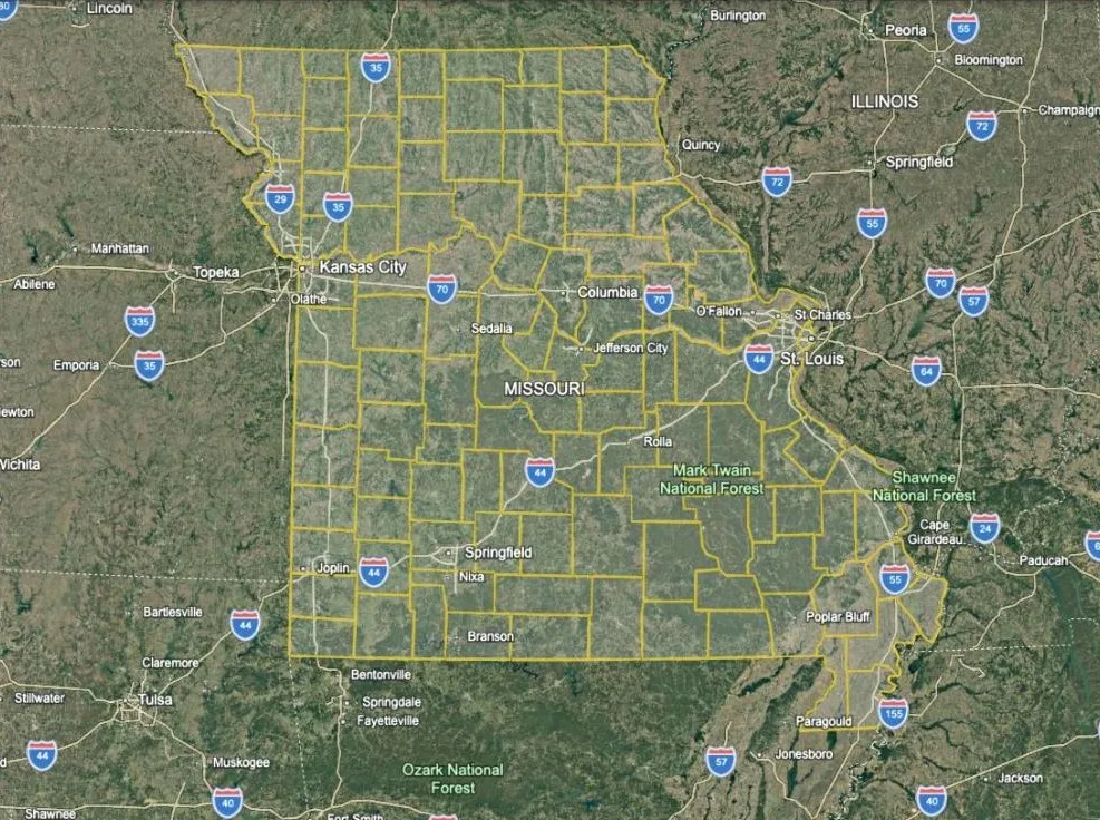 The Missouri State Screen imported as a data layer: thin yellow county outlines over the satellite map and no tier colours anywhere.