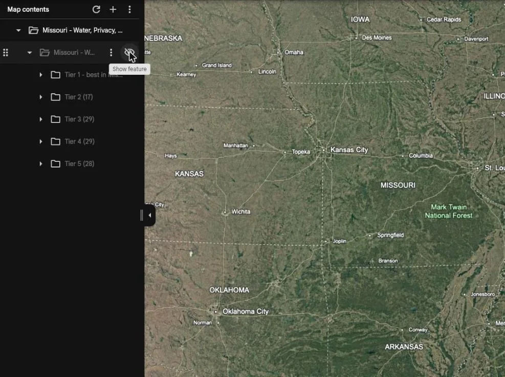 Map contents after importing the Missouri State Screen: the Missouri folder with its five tier folders listed underneath, all greyed out, and the Show feature tooltip on the eye icon.