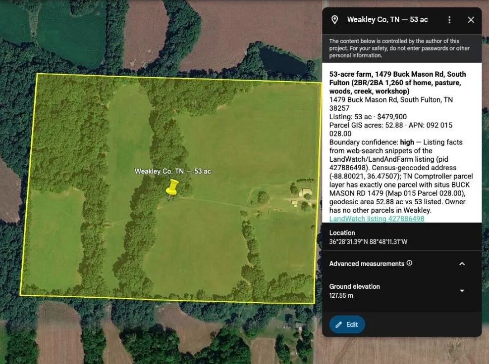 The Weakley County property with its Google Earth info panel open, listing the address, listing acreage and price, parcel acreage and number, and a high boundary confidence with the reasoning.