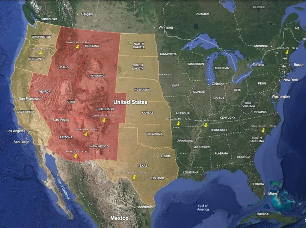 The same ten pins with Water Rights on: the interior West in red, the states around it in tan.
