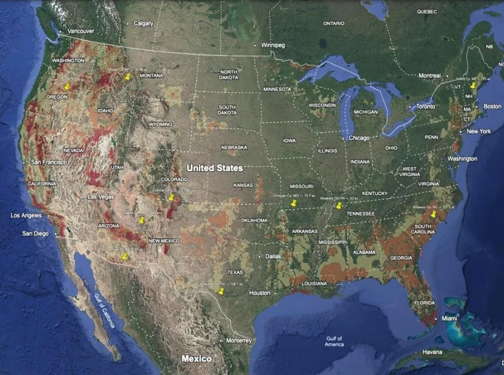 The same ten pins with Wildfire Hazard on: tan, orange and red patches across the West and the South-East.