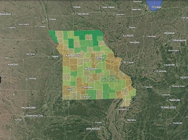 Google Earth view of Missouri with all of its counties shaded from orange to dark green by rank within the state. Counties along the northern border are darkest green; the Kansas City and St. Louis areas are orange.