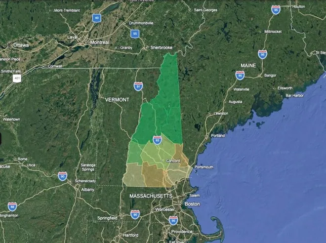 Google Earth view of New Hampshire with its ten counties shaded by rank within the state: green across the north, orange in the south toward Boston.