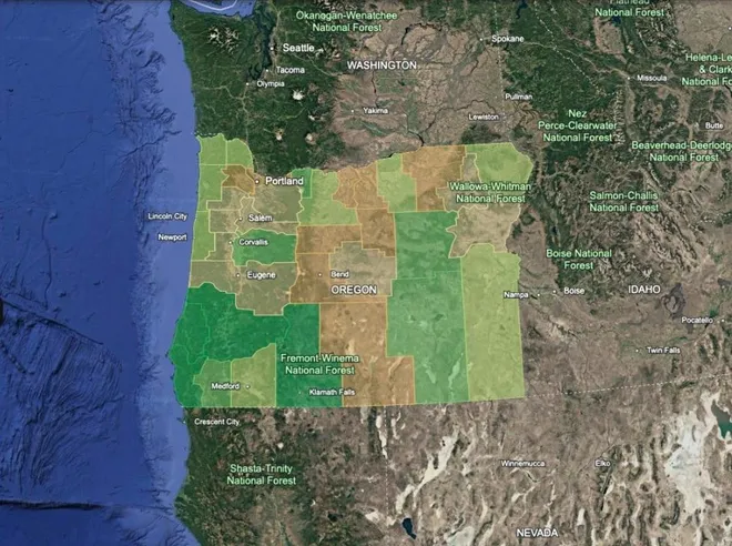 Google Earth view of Oregon with every county shaded from orange to dark green by its rank within the state. The southwest is darkest green; a band through the centre is orange.