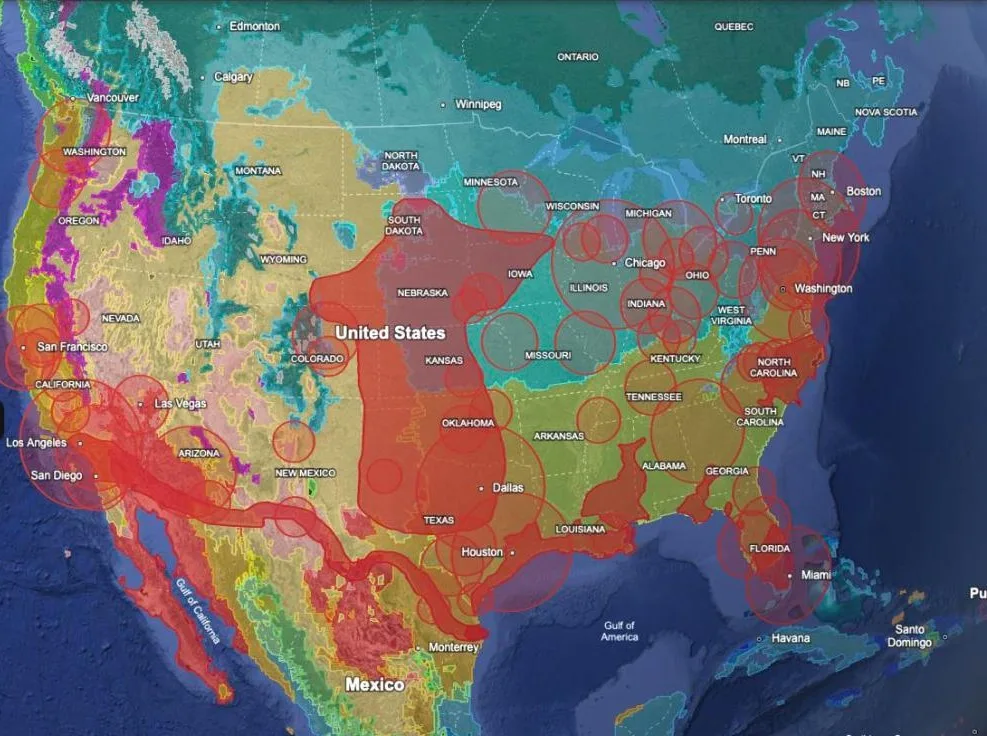 Google Earth view of North America with Metro Proximity rings, USA Risky Zones and Climate Classification all switched on together.