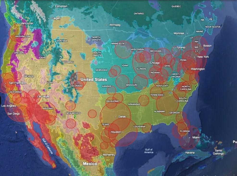 The same view with Climate Classification and Metro Proximity — USA switched on together.