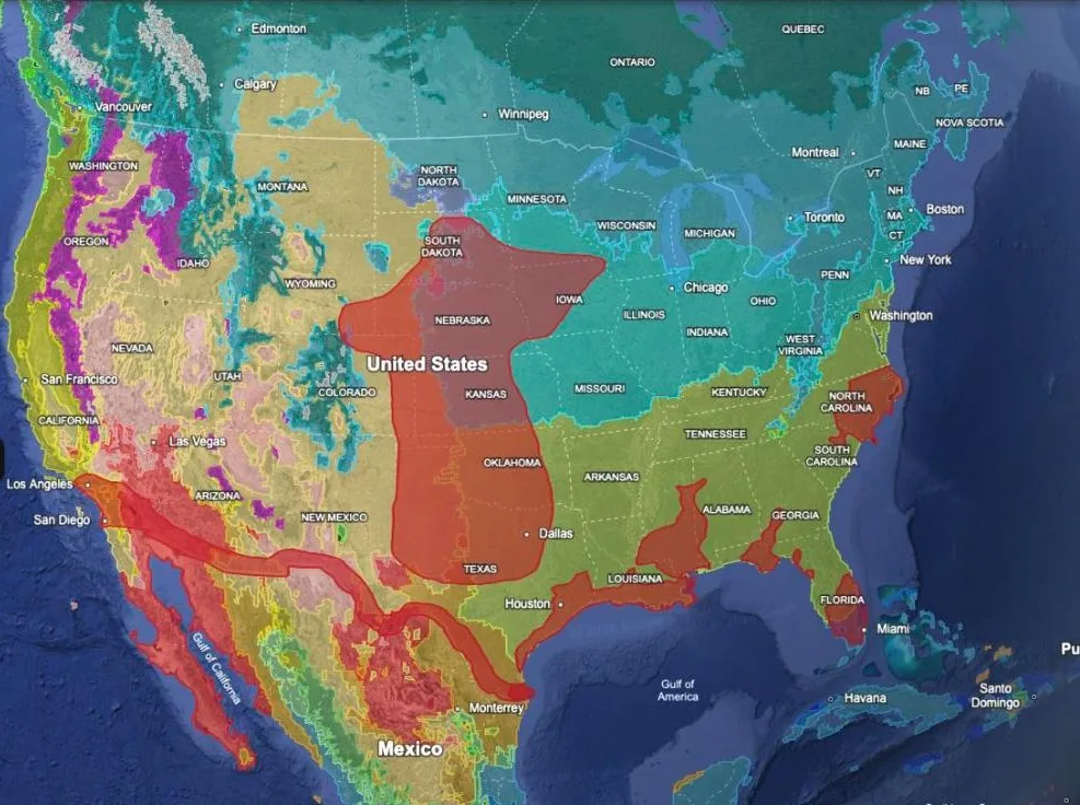 The same view with Climate Classification and USA Risky Zones switched on together.