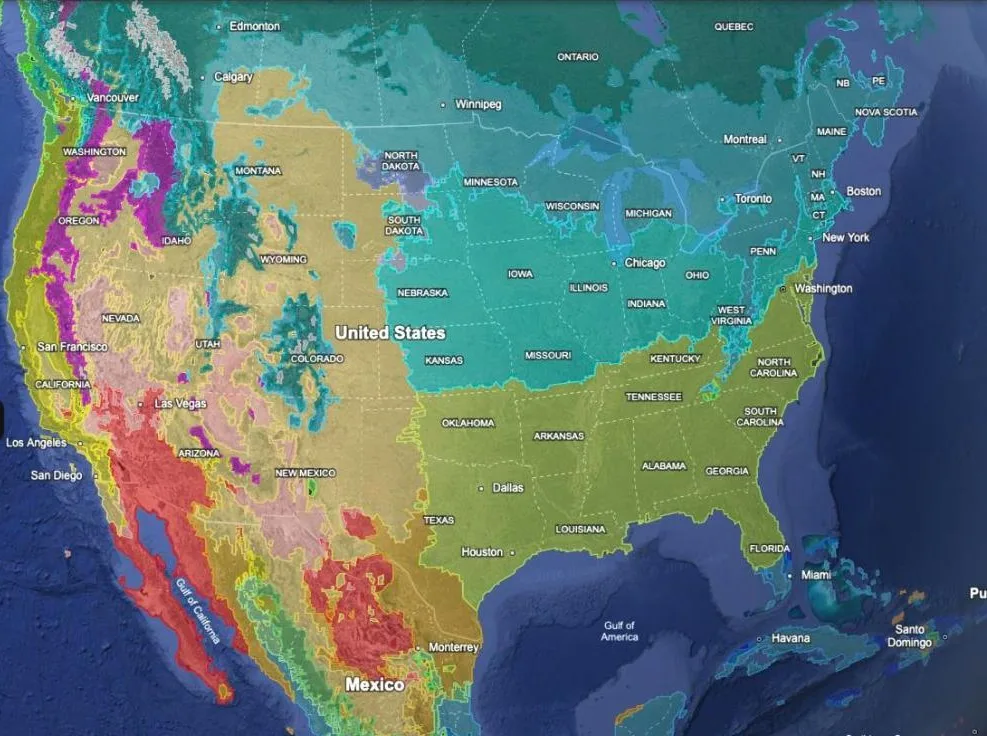 The same view with only Climate Classification switched on: North America coloured by Köppen climate zone.