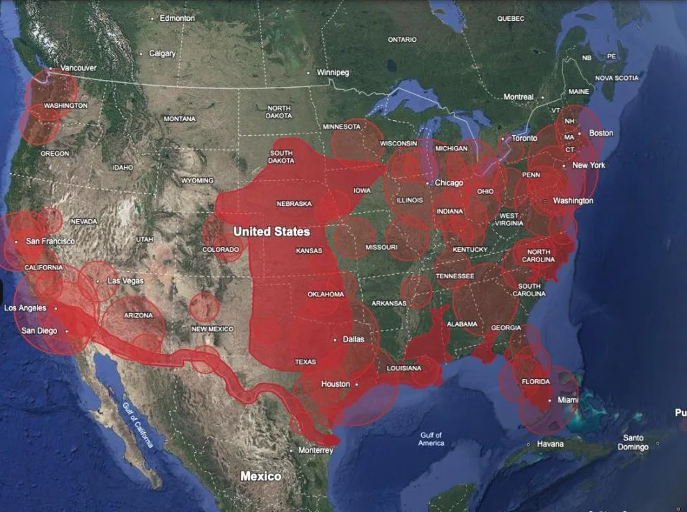 The same view with Metro Proximity — USA and USA Risky Zones switched on together.
