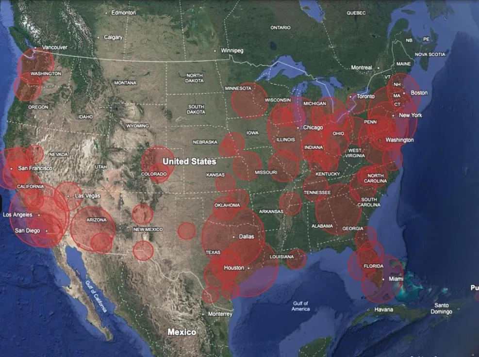 The same view with only Metro Proximity — USA switched on: red rings around 70 US metros, sized by population.