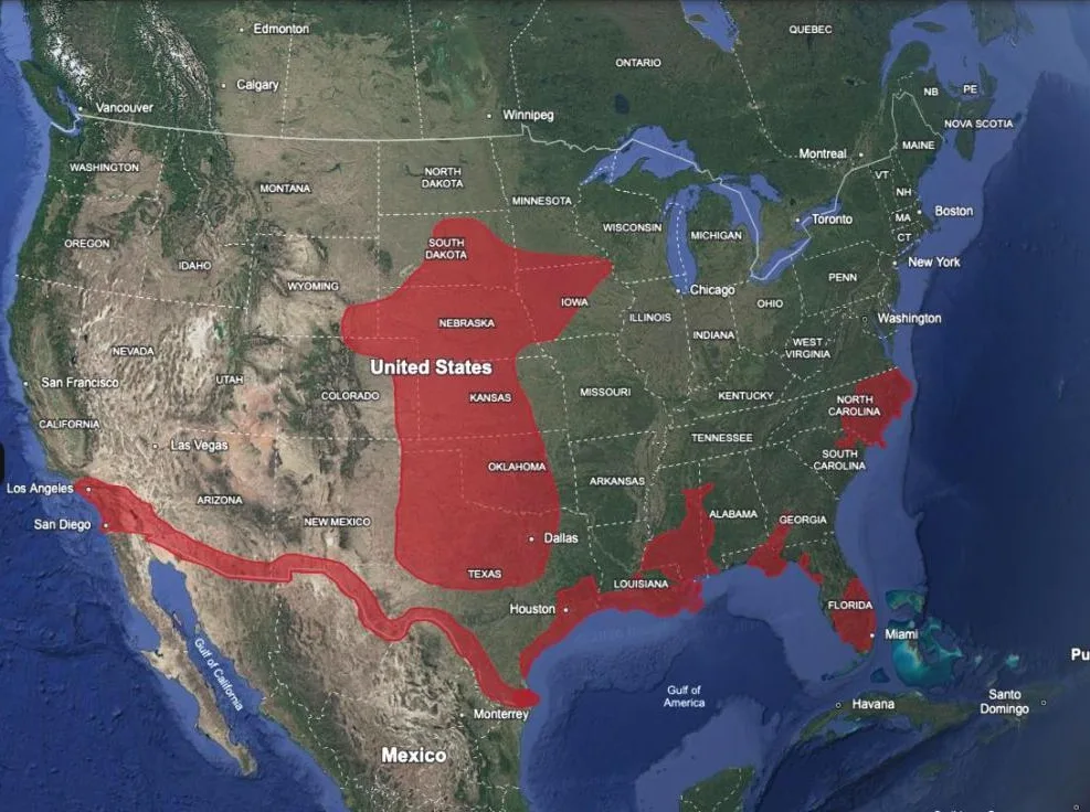 The same view with only USA Risky Zones switched on: the southern border corridor, Tornado Alley and the Gulf and South Atlantic coast shaded red.